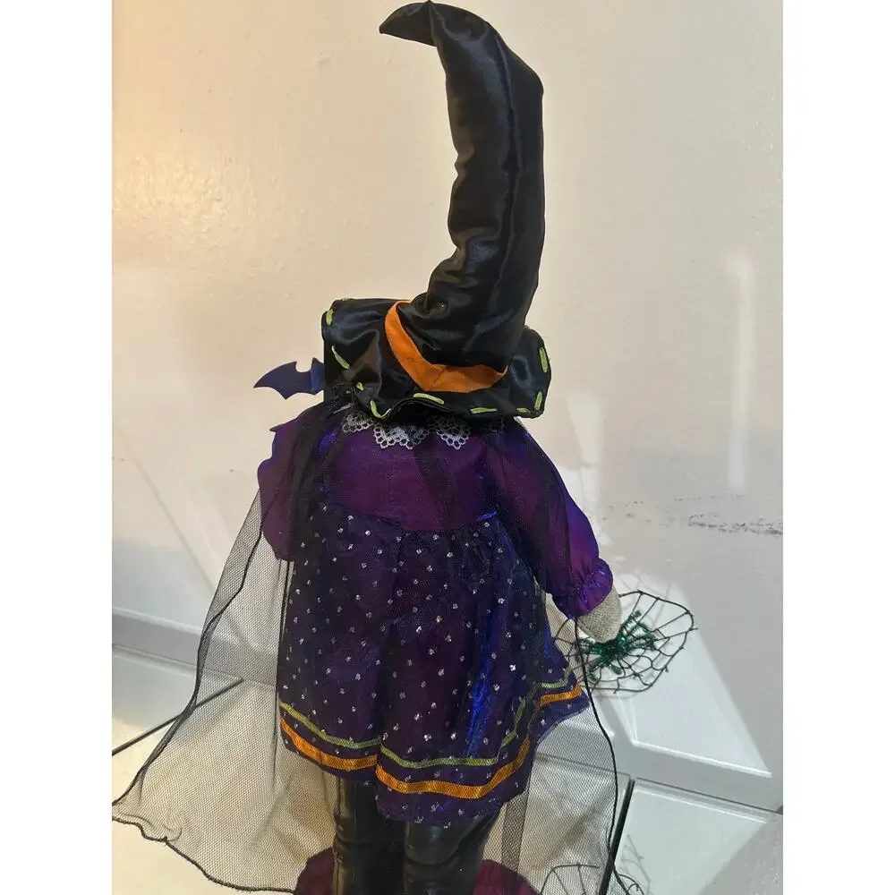 Vint plush teddy bear dressed in purple &black Halloween witch w/web &spider New